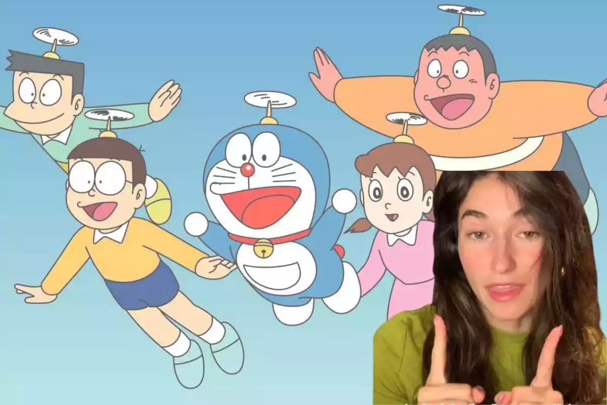 Montaje con personajes de Doraemon de fondo y la tiktoker anepe.acedo en segundo término