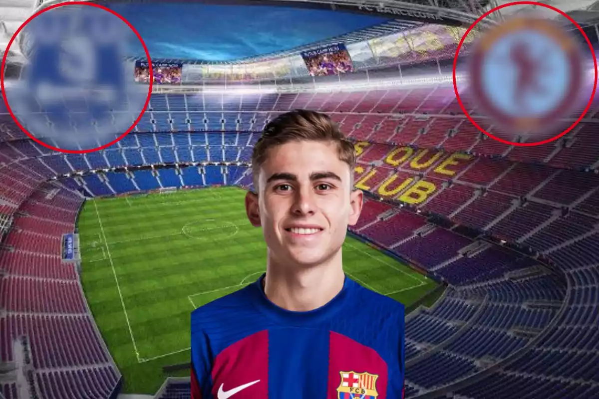Montage con la imagen del Camp Nou y la figura de Fermín López en el centro, con dos redondas difuminadas arriba a la izquierda y otra arriba a la derecha