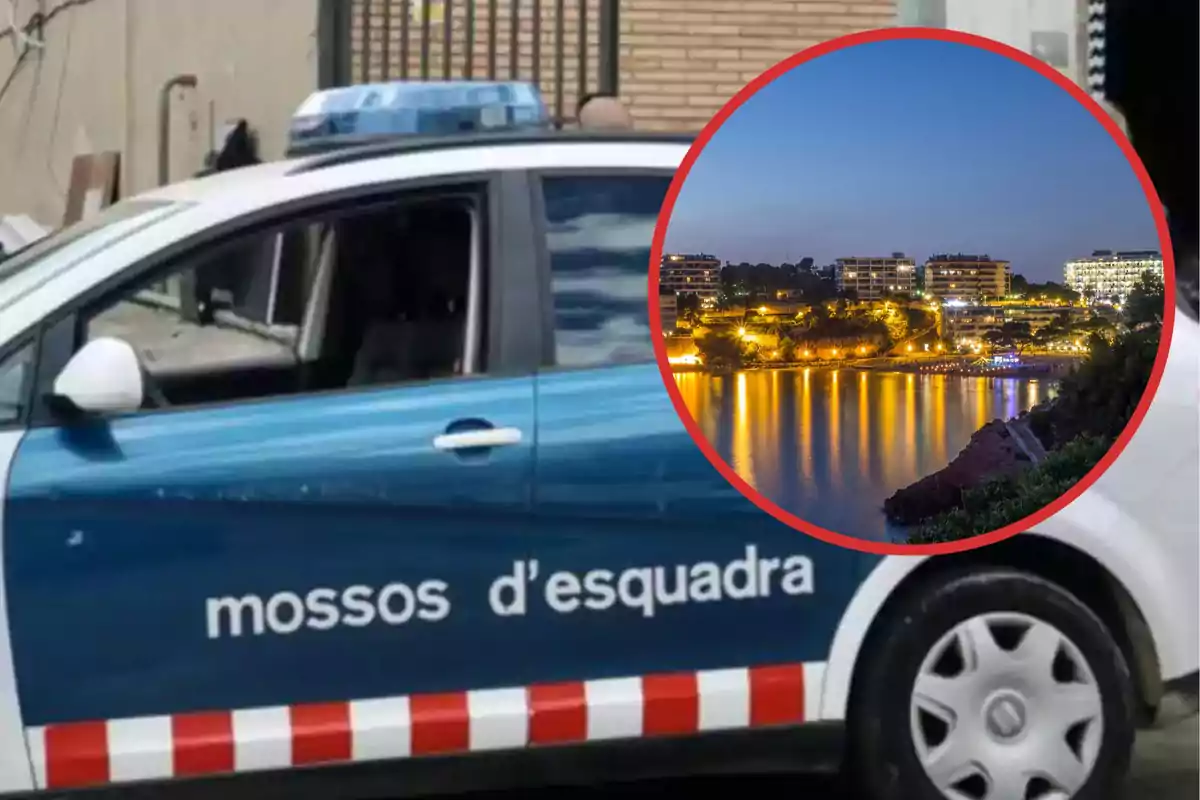 Un coche de los Mossos d'Esquadra con una imagen circular superpuesta de una ciudad iluminada por la noche.