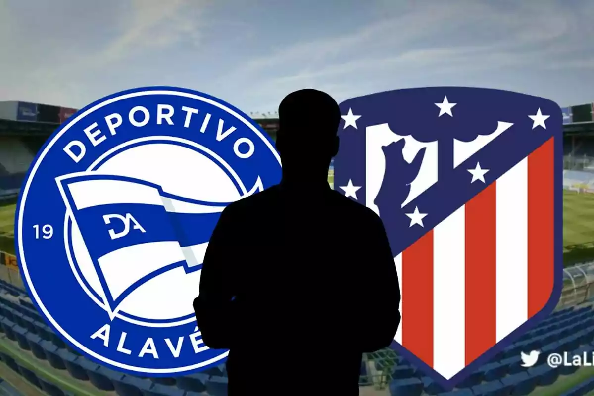 Silueta de una persona frente a los escudos de los equipos de fútbol Deportivo Alavés y Atlético de Madrid en un estadio.