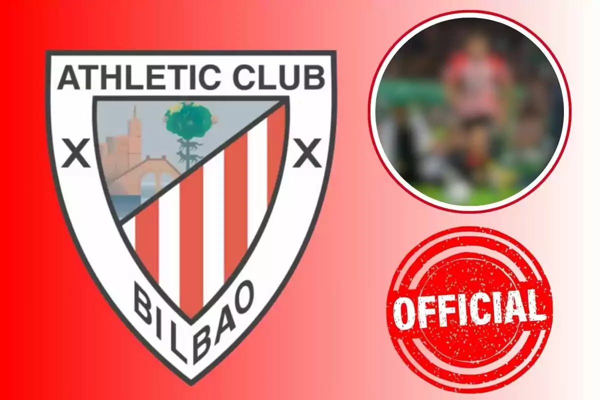 Escudo del Athletic Club de Bilbao con un sello rojo que dice "OFFICIAL" y una imagen borrosa de un jugador de fútbol.