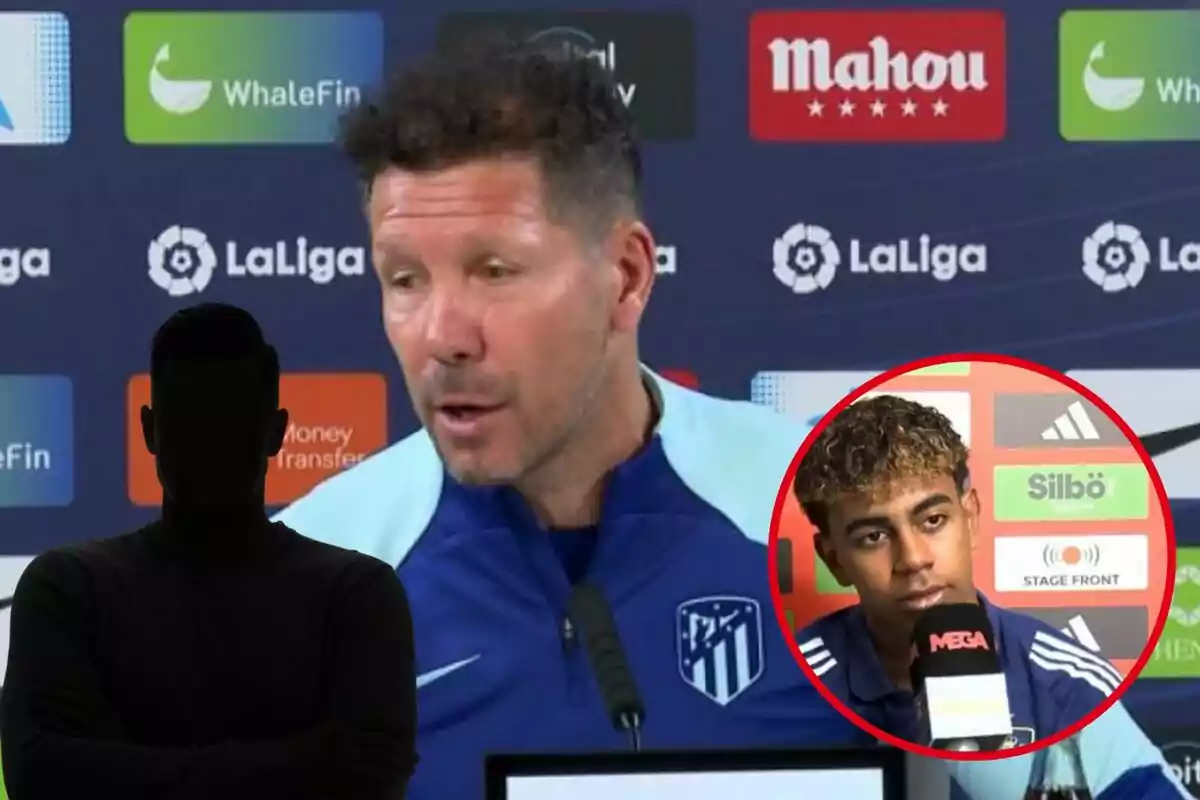 Un hombre en una conferencia de prensa con el logo de LaLiga en el fondo y un recuadro rojo que muestra a otro hombre joven hablando en un micrófono.