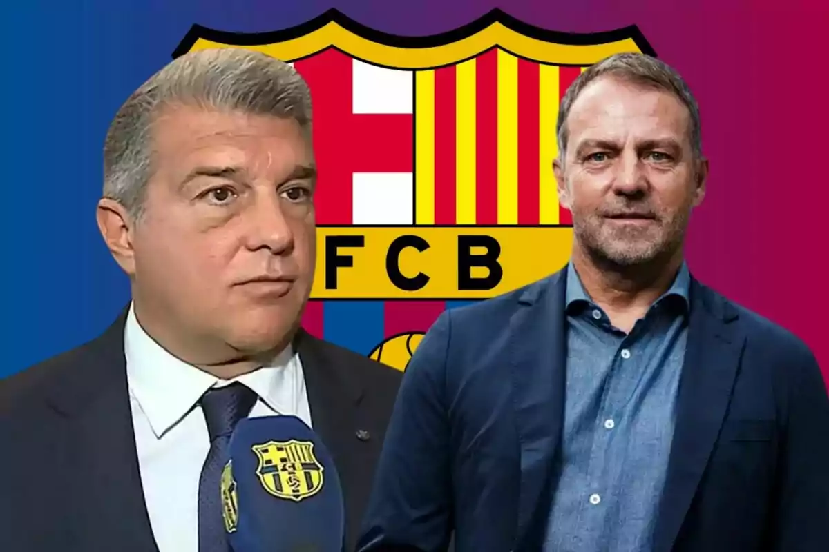 Dos hombres de traje frente al escudo del FC Barcelona.