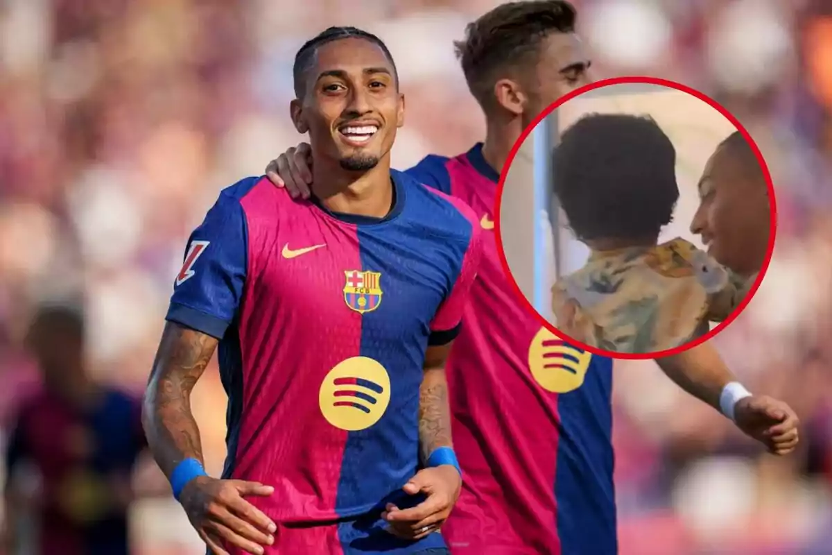 Un jugador del FC Barcelona sonríe mientras otro jugador lo abraza por el hombro, con un recuadro que muestra una imagen de él con un niño.