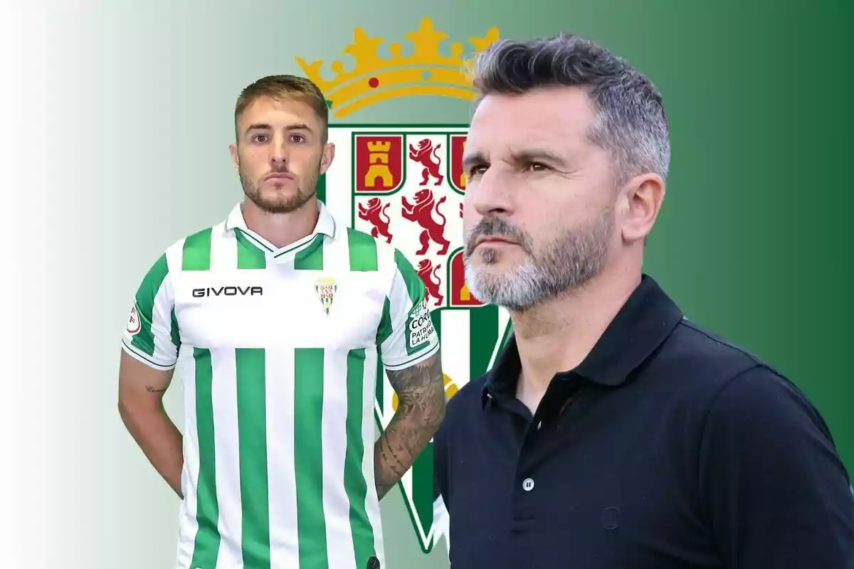 Un jugador de fútbol con uniforme de rayas verdes y blancas y un hombre con barba y cabello canoso en primer plano, con un escudo de fondo.