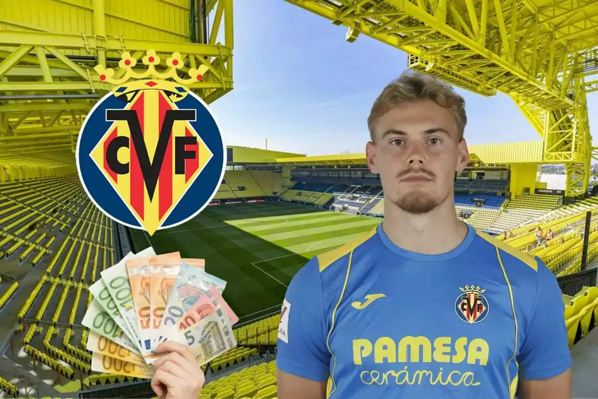 Un jugador del Villarreal CF con una camiseta azul y amarilla, junto a un estadio vacío y el logo del equipo, mientras una mano sostiene billetes de euro.