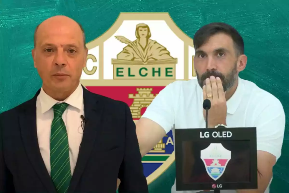 Dos hombres, uno con traje y corbata verde y otro con camiseta blanca, frente al escudo del Elche CF.