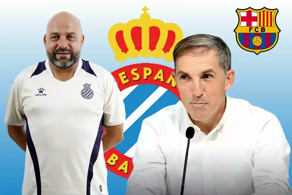 Dos hombres posan frente a los escudos del RCD Espanyol y el FC Barcelona.