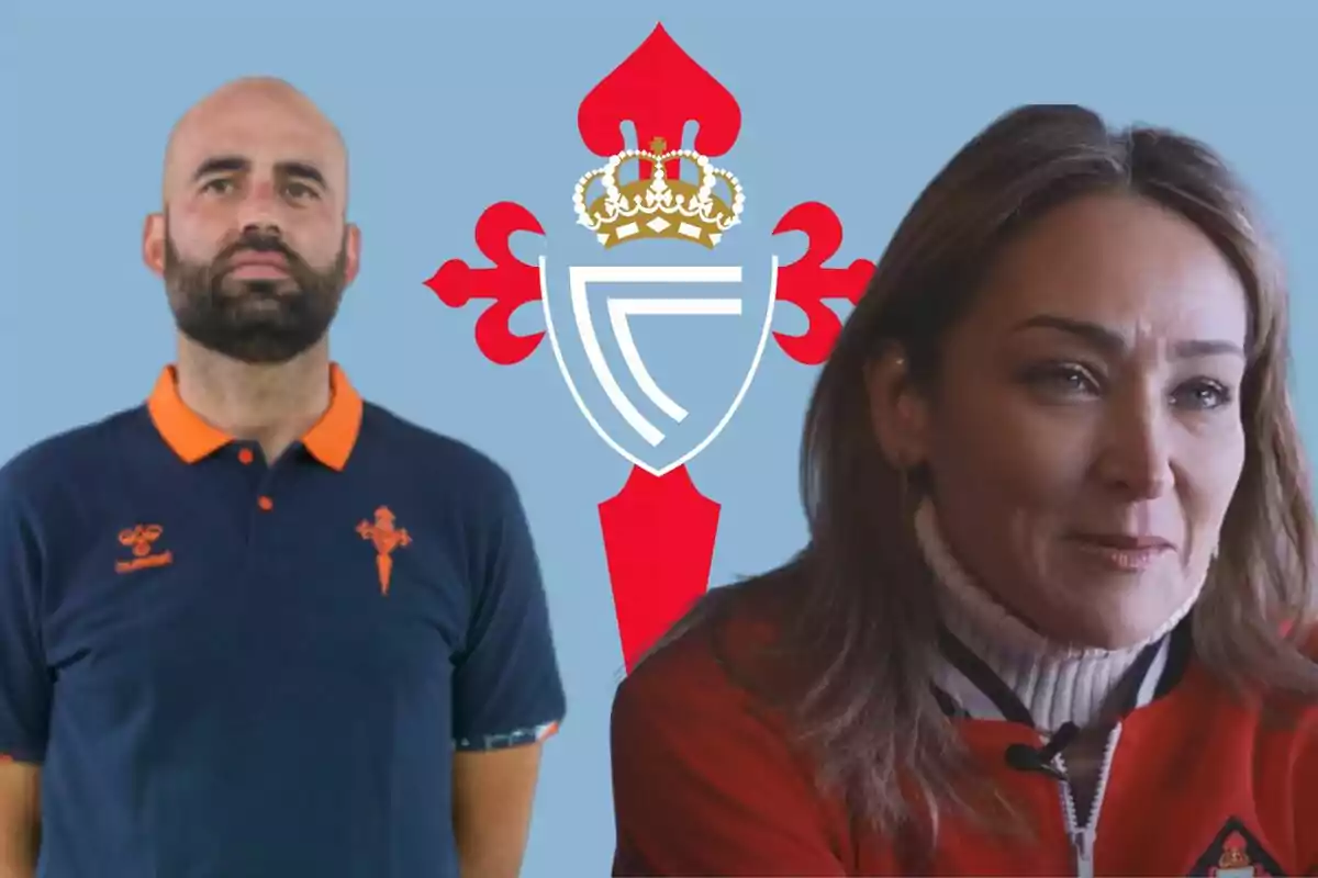 Dos personas posan frente a un fondo azul con el escudo del Celta de Vigo.