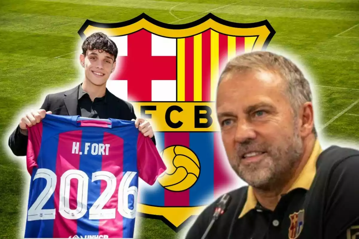 Un joven sostiene una camiseta del FC Barcelona con el nombre "H. Fort" y el año "2026" mientras sonríe, con el escudo del club y un hombre mayor en el fondo.