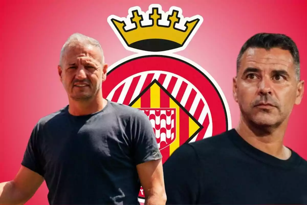 Dos hombres frente al escudo del Girona FC con fondo rojo.