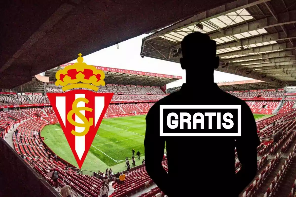 Estadio de fútbol con el escudo del Sporting de Gijón y la silueta de una persona con la palabra "GRATIS"