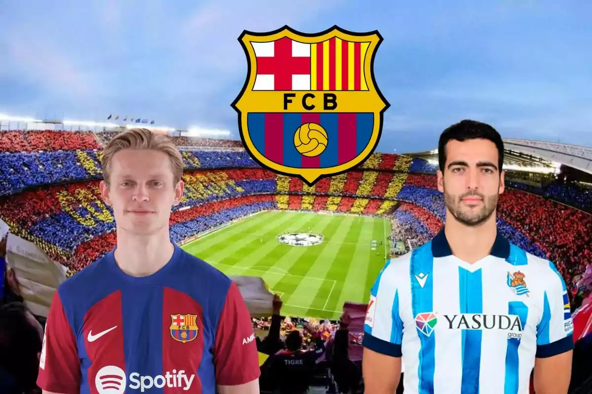 Dos jugadores de fútbol con las camisetas del FC Barcelona y la Real Sociedad, con el escudo del FC Barcelona y un estadio lleno de fondo.