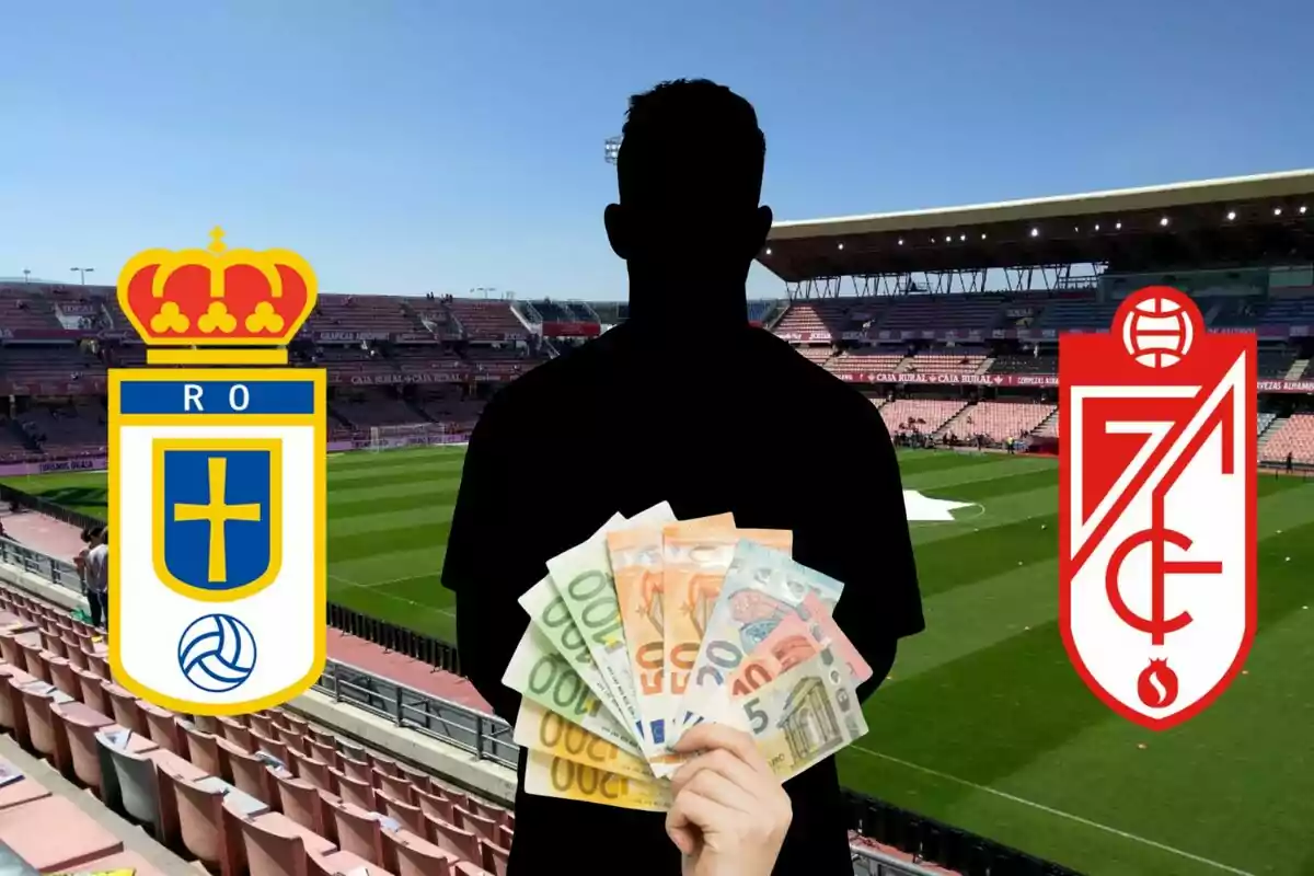 Silueta de una persona sosteniendo billetes de euro con los escudos del Real Oviedo y el Granada CF en un estadio de fútbol.