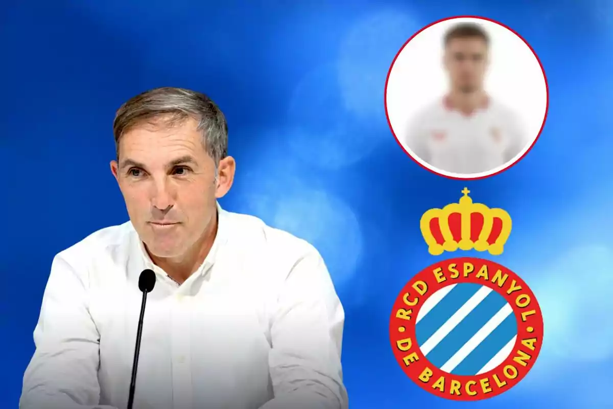 Un hombre con camisa blanca y micrófono frente a un fondo azul con el logo del RCD Espanyol de Barcelona y una imagen borrosa de una persona en un círculo rojo.