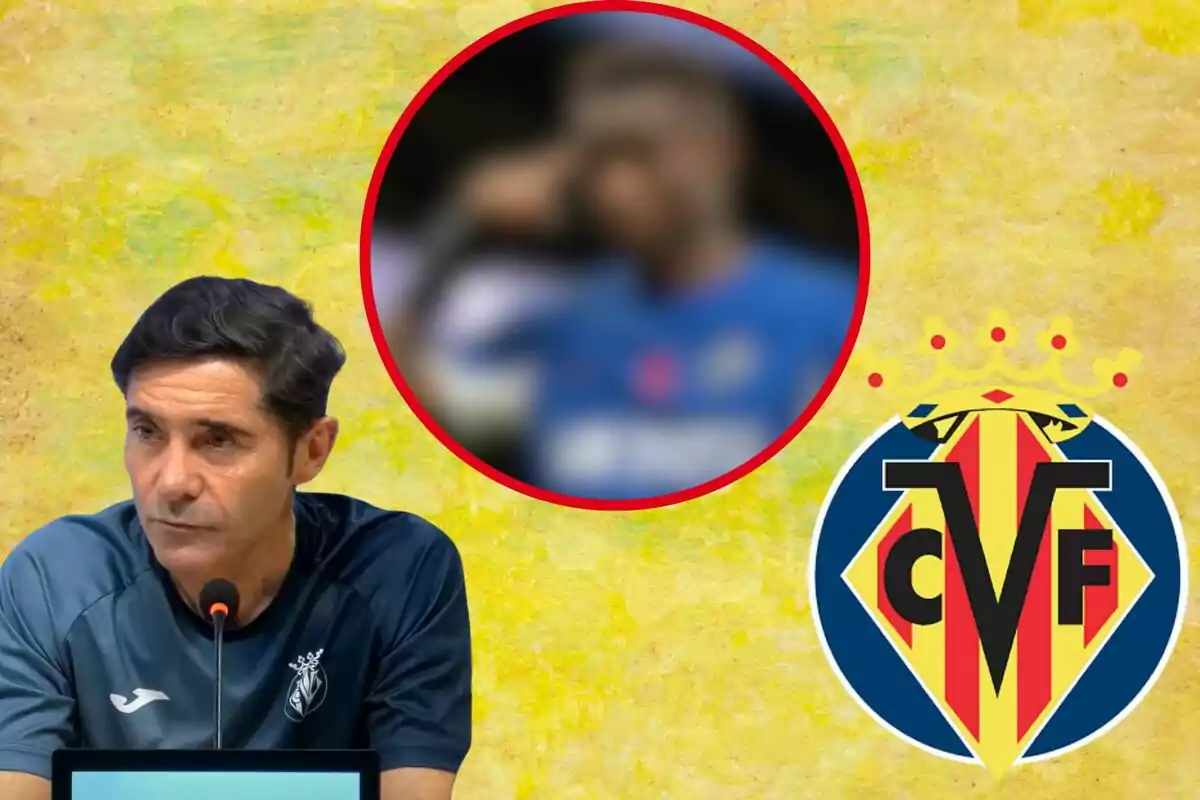 Un hombre en una conferencia de prensa con el logo del Villarreal CF y una imagen borrosa de un jugador de fútbol en el fondo.