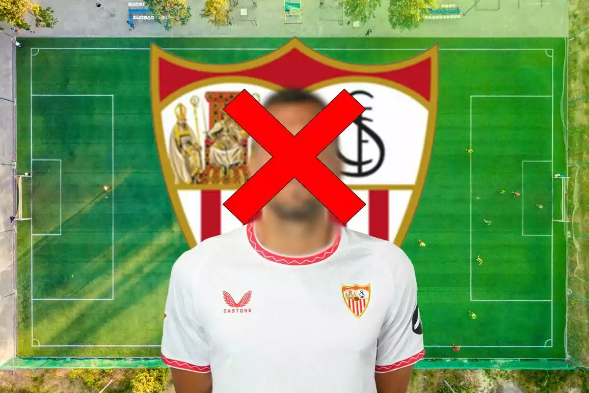 Un jugador de fútbol con la cara censurada con una gran X roja, viste una camiseta blanca con detalles rojos y el escudo del Sevilla FC, sobre un fondo de un campo de fútbol visto desde arriba.