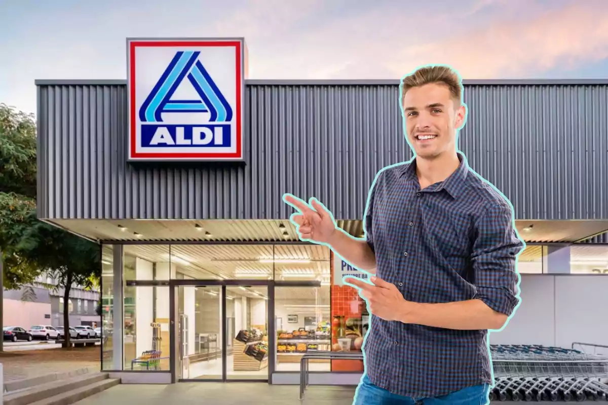 Un hombre sonriente señala con ambas manos hacia la entrada de una tienda Aldi.