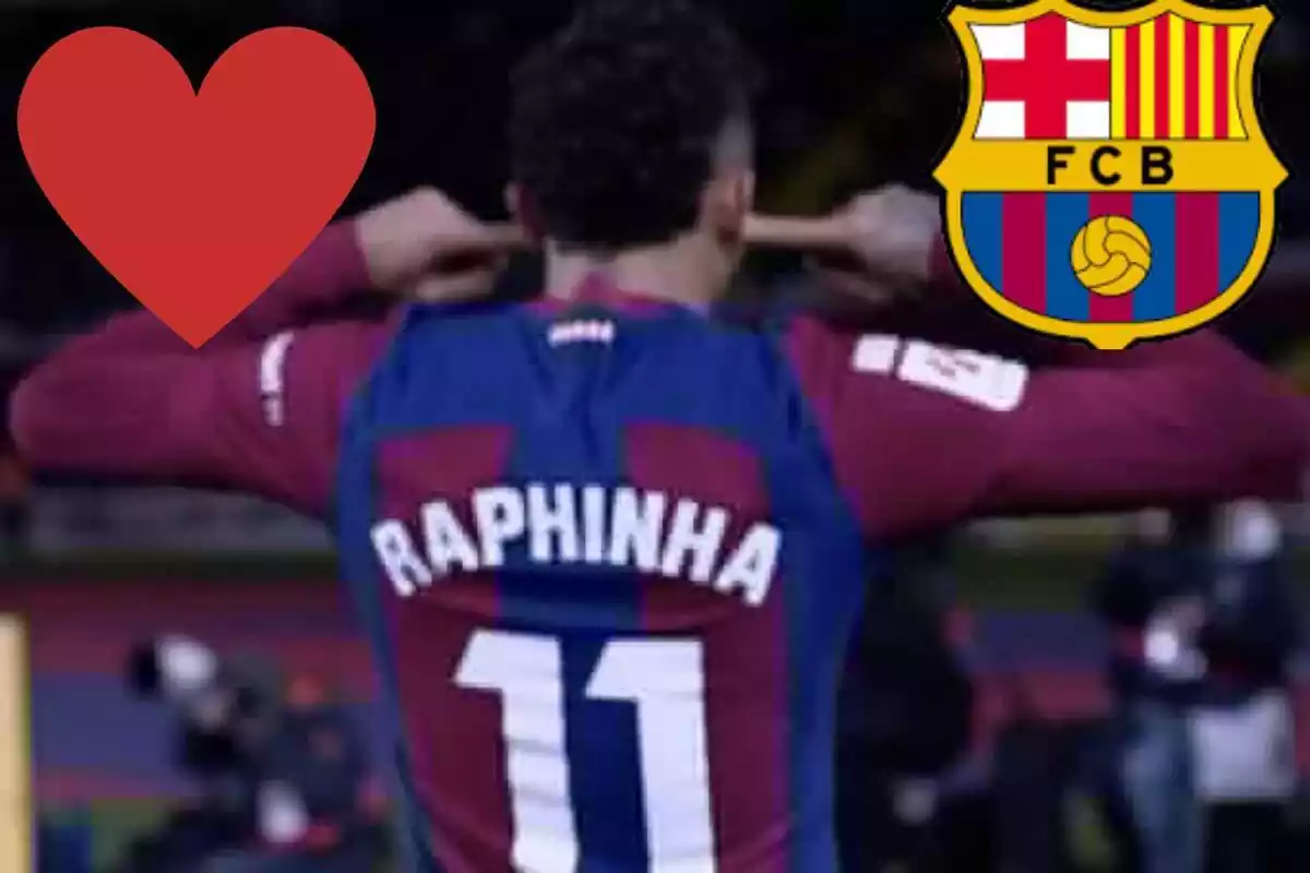 Montage con Raphinha celebrando un gol, un corazón arriba a la izquierda y el escudo del FC Barcelona arriba a la derecha