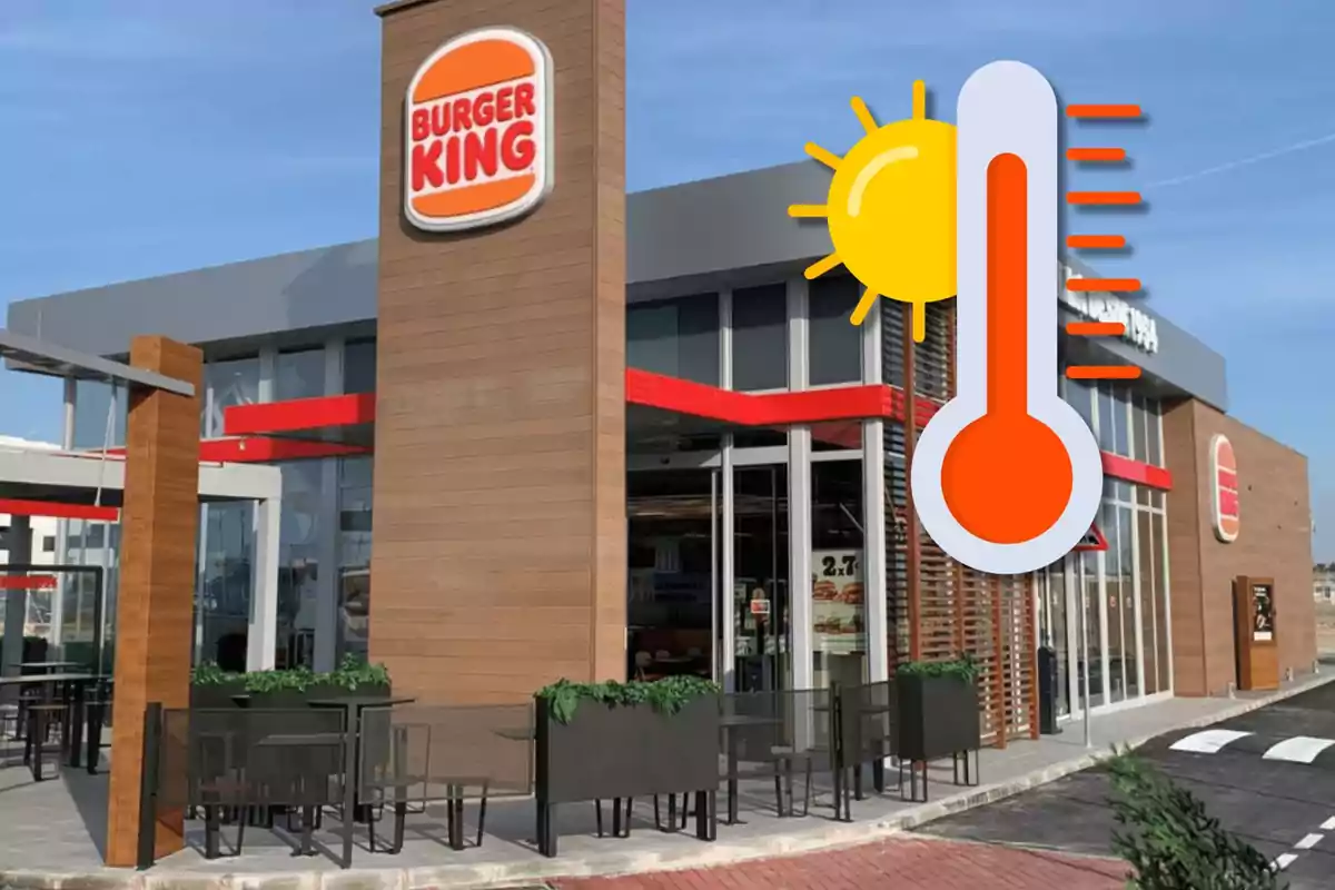 Restaurante Burger King con un icono de termómetro y sol indicando altas temperaturas.