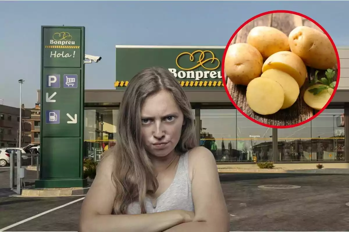 Una mujer con expresión molesta está frente a un supermercado Bonpreu, con una imagen de papas en un círculo rojo en la esquina superior derecha.