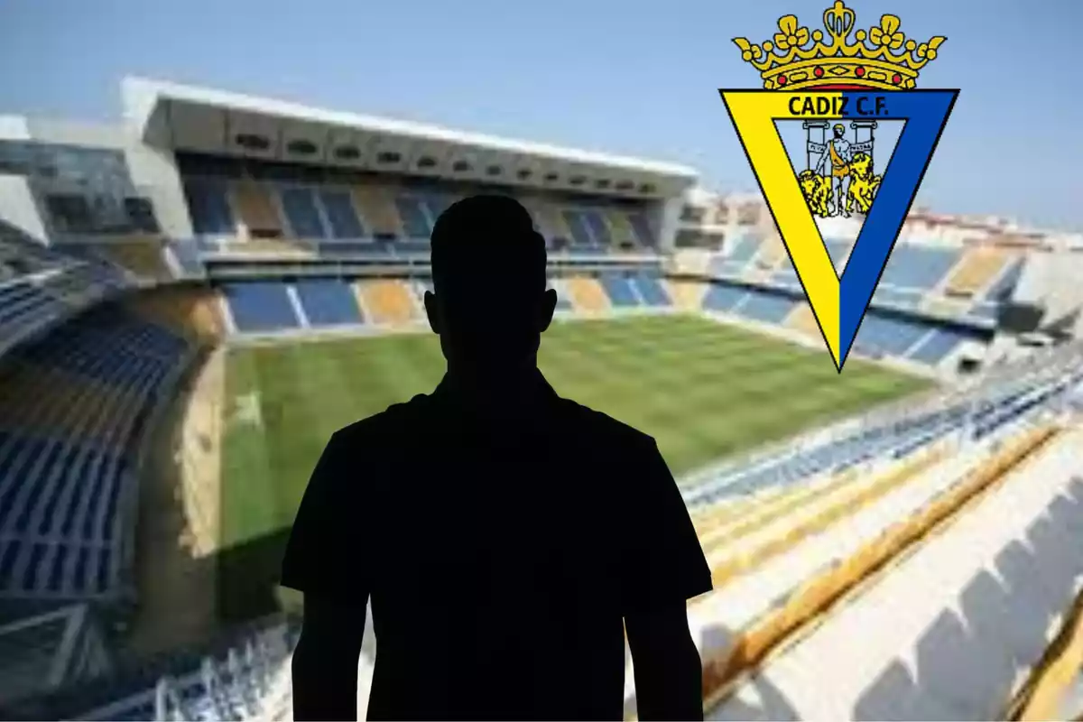 Montage con el estadio Nuevo Mirindilla, una sombra negra en el centro y el escudo del Cádiz FC arriba a la derecha