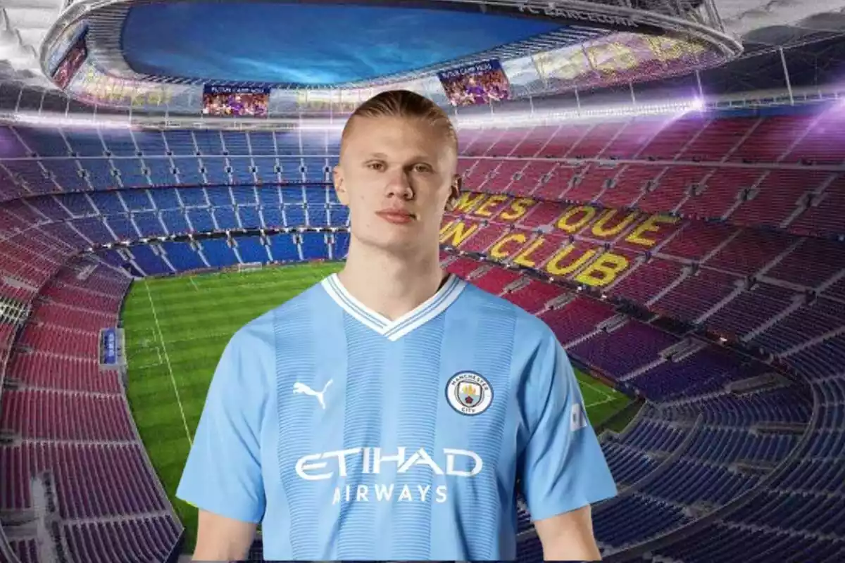 Montage con el Camp Nou de fondo y en el centro la foto de Erling Haaland con la camiseta del Manchester City