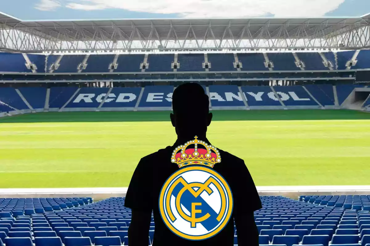 Montage con el Stage Front Stadium y una sombra negra en el centro con el escudo del Real Madrid