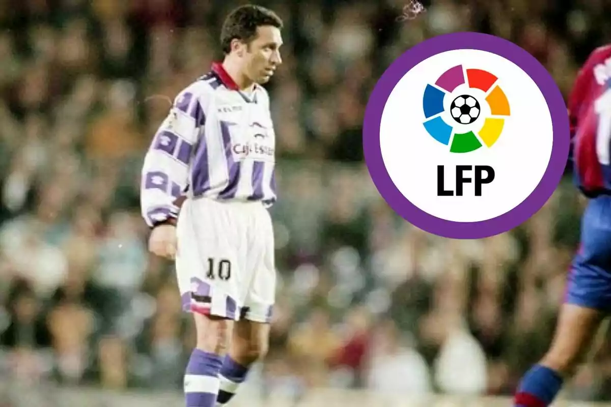 Un jugador de fútbol con el uniforme del Real Valladolid, con el número 10, está en el campo durante un partido. A la derecha de la imagen, se encuentra el logotipo de la Liga de Fútbol Profesional (LFP) de España. El fondo muestra a otros jugadores y espectadores desenfocados.