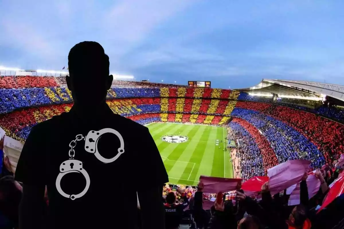 Montaje con una imagen del Camp Nou de fondo. En primer término una sombra negra de hombre con unas esposas dentro