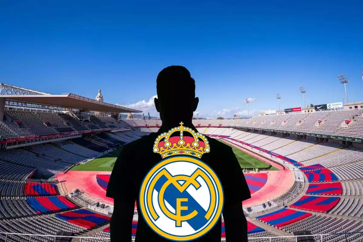 Montage con el estadio Lluís Companys y una sombra negra en el centro con el escudo del Real Madrid