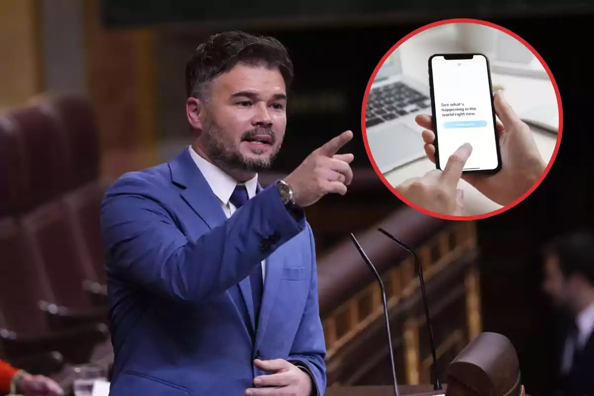 Un hombre con traje azul hablando en un podio, con una imagen superpuesta de un teléfono móvil mostrando la pantalla de inicio de una aplicación.