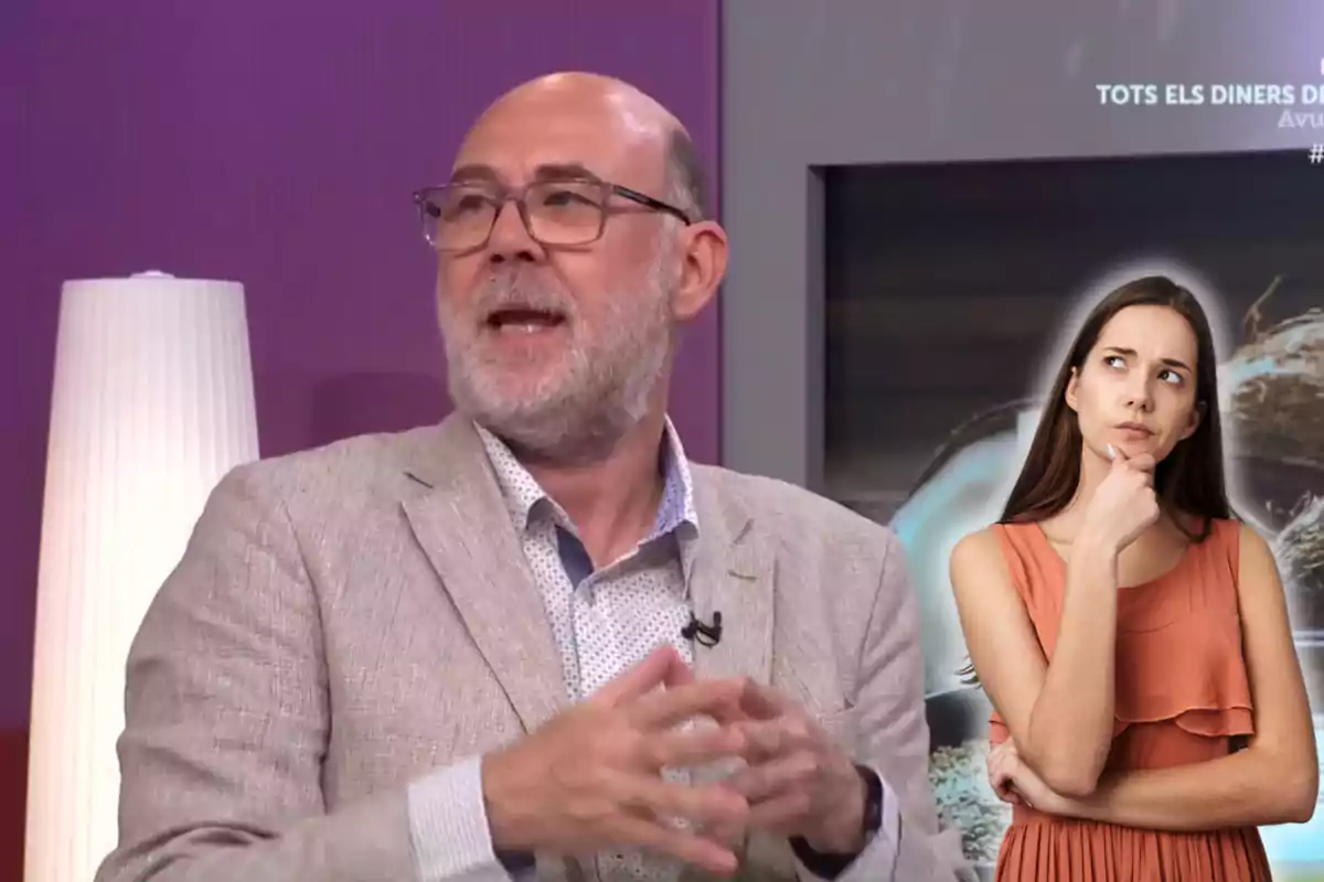 Montaje con una imagen de Toni Massanés en el programa "Planta Baixa" de TV3. A la derecha una imagen con una mujer pensativa