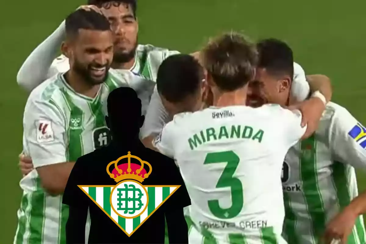 Montage con el equipo del Real Betis celebrando un gol y una sombra negra a la izquierda con el escudo del Betis