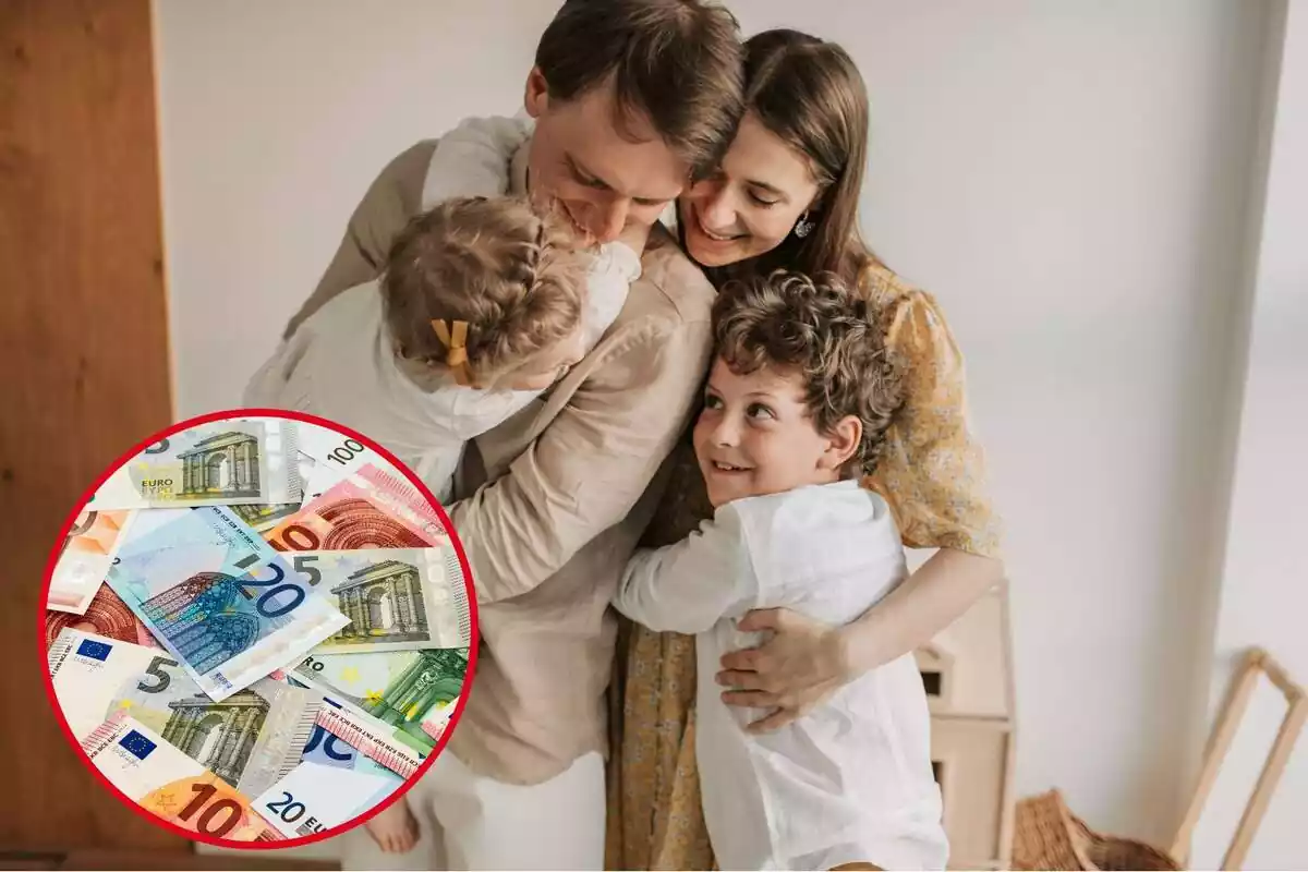 Montaje con una imagen de una familia abrazándose y en la esquina inferior izquierda, dentro de un círculo, varios billetes de diferentes cantidades de euro