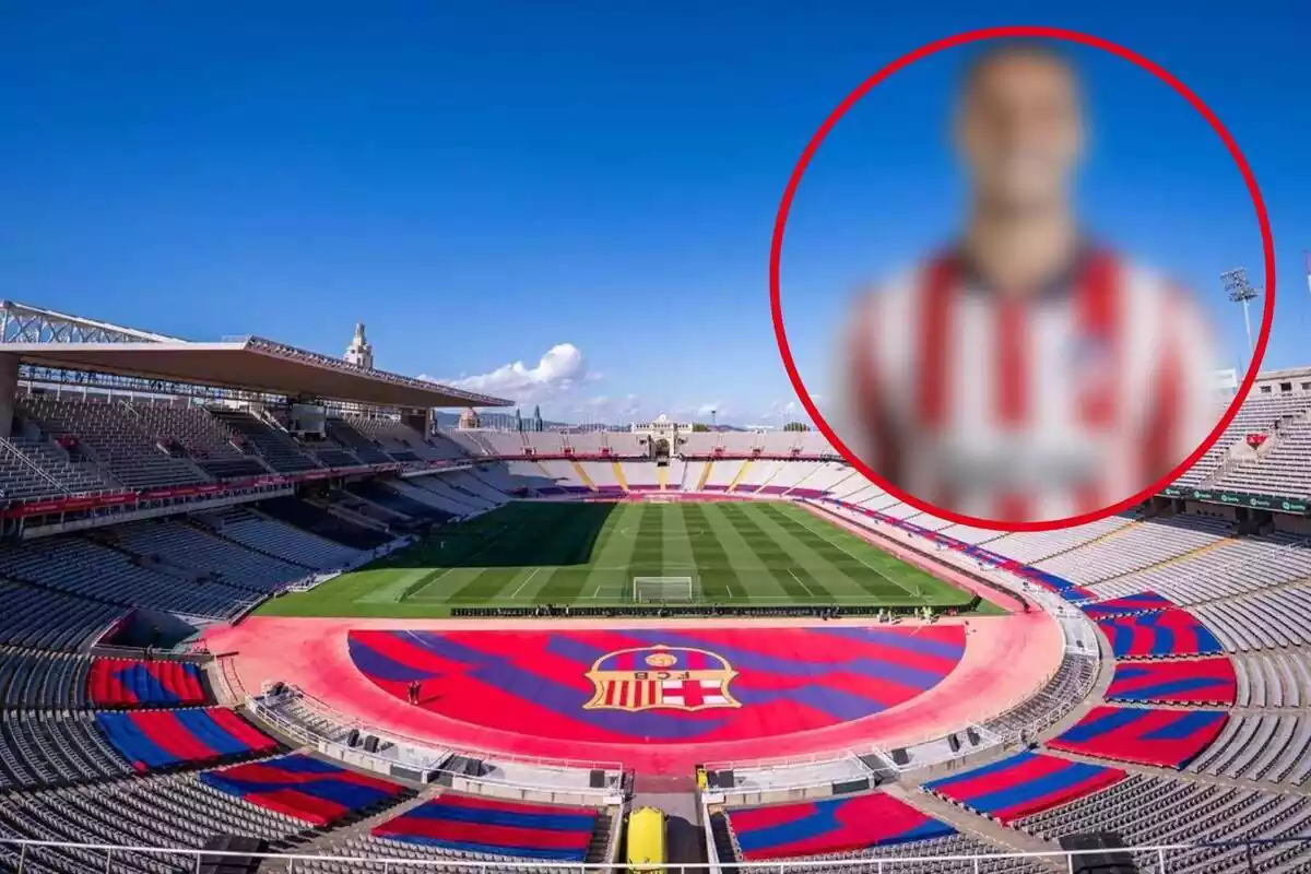 Montaje con una imagen del Estadi Olímpic Lluís Companys y en la esquina superior derecha, dentro de un círculo y difuminado, el futbolistas referenciado en la noticia