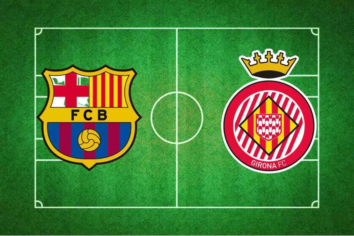 Montaje con una imagen de un campo de fútbol y los escudos del FC Barcelona y del Girona FC