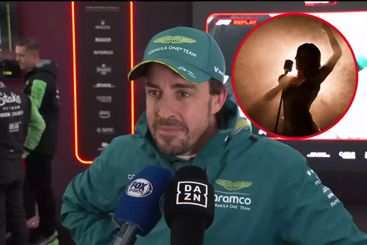 Montaje con una imagen de Fernando Alonso durante una entrevista. A la derecha una imagen con una cantante