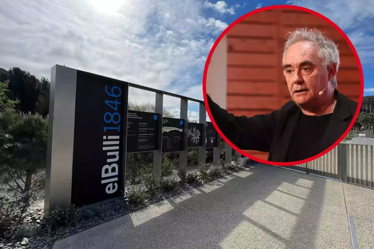 Montaje con una imagen del exterior de "Elbulli1846" y en la esquina superior derecha, dentro de un círculo, la cara de Ferran Adrià