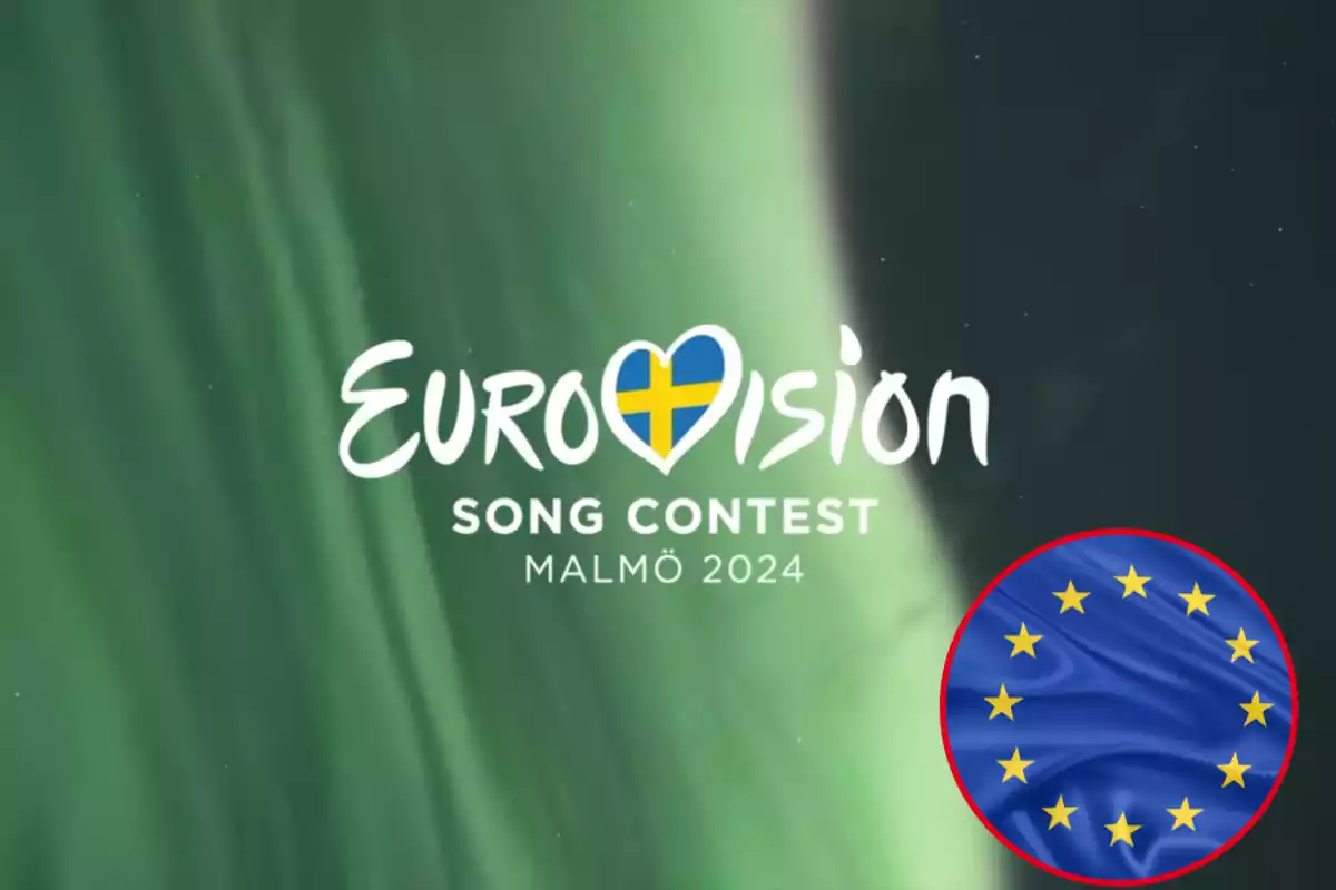 Montaje con una imagen del Festival de Eurovisión 2024. A la derecha una imagen con la bandera europea