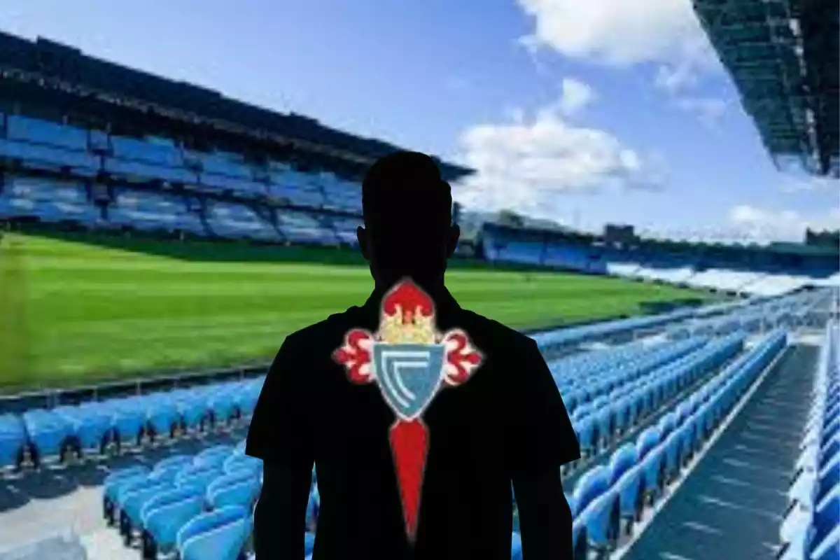 Montage con el estadio de Balaídos y una sombra negra en el centro de la imagen con el escudo del Celta de Vigo