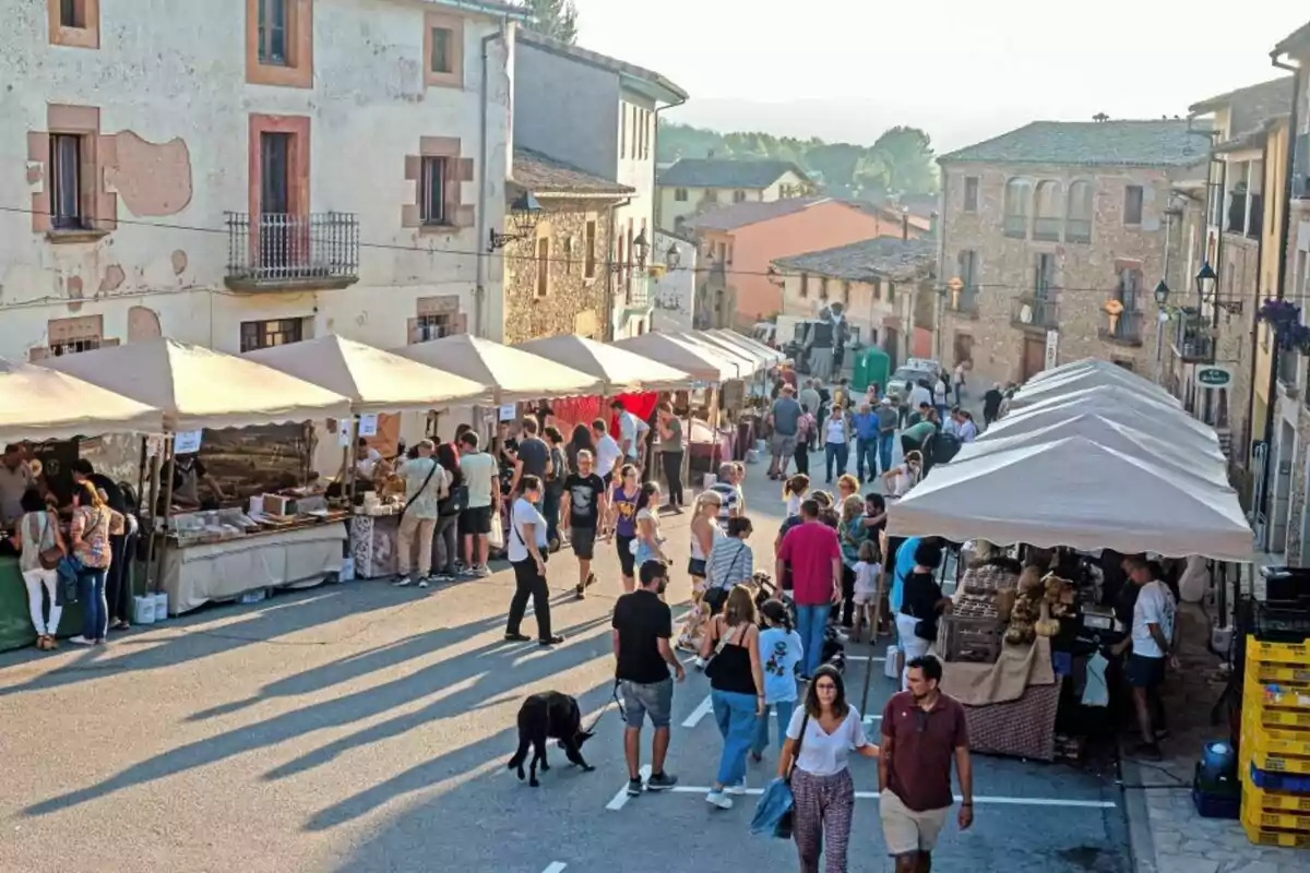 Una calle concurrida con puestos de mercado al aire libre y personas paseando.