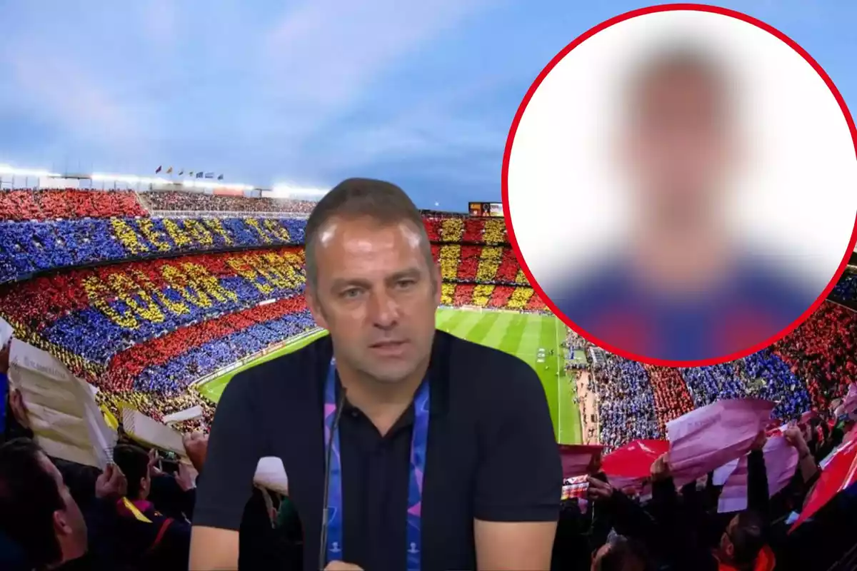 Montage con el estadio del Camp Nou, Hansi Flick en el centro de la imagen y un círculo difuminado arriba a la derecha
