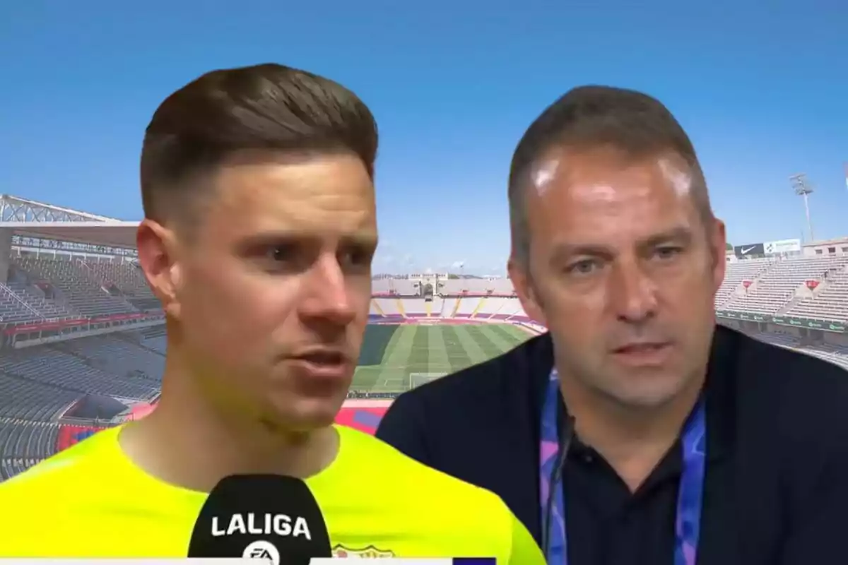 Dos hombres en un estadio de fútbol, uno de ellos con una camiseta amarilla y un micrófono de LaLiga.