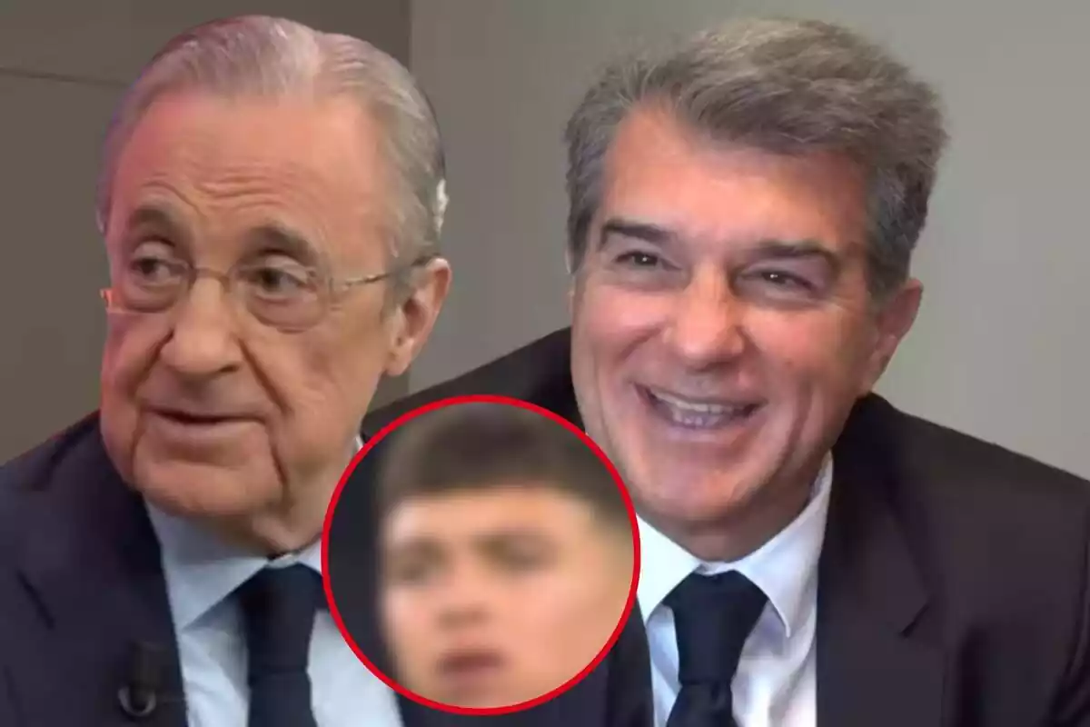 Montaje con una imagen de Florentino Pérez a la izquierda, Joan Laporta a la derecha. Entre ellos dos, dentro de un círculo y difuminado, el futbolista referenciado en la noticia