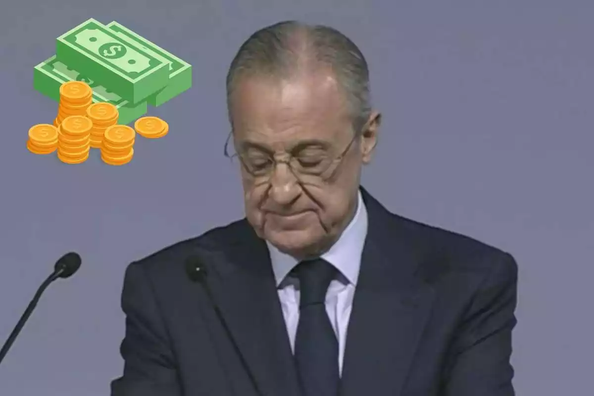 Montaje con una imagen de Florentino Pérez y un emoticono con monedas y billetes en la esquina superior izquierda
