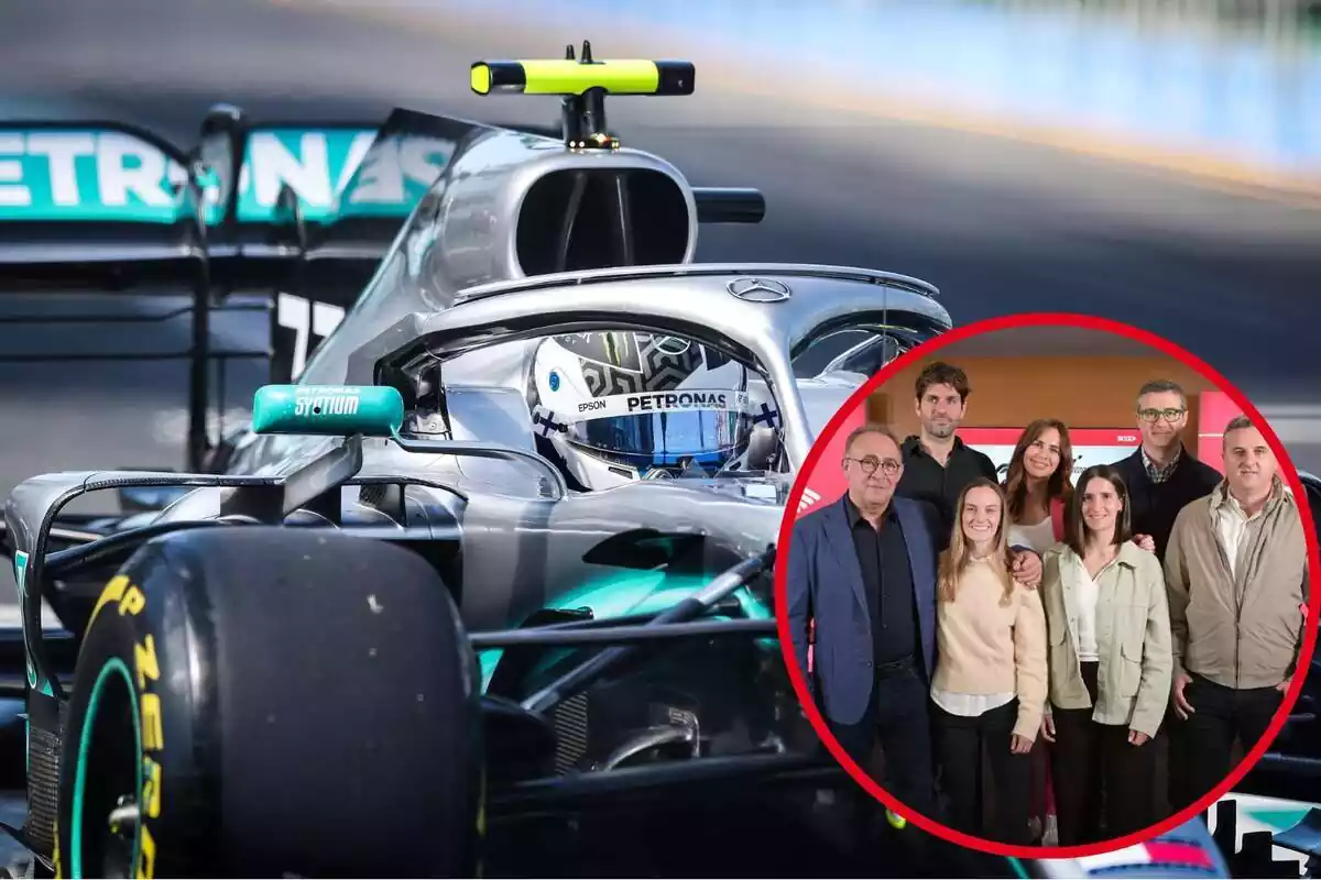 Montaje con una imagen de un coche de Fórmula 1 y a la derecha, dentro de un círculo, periodistas del 3cat
