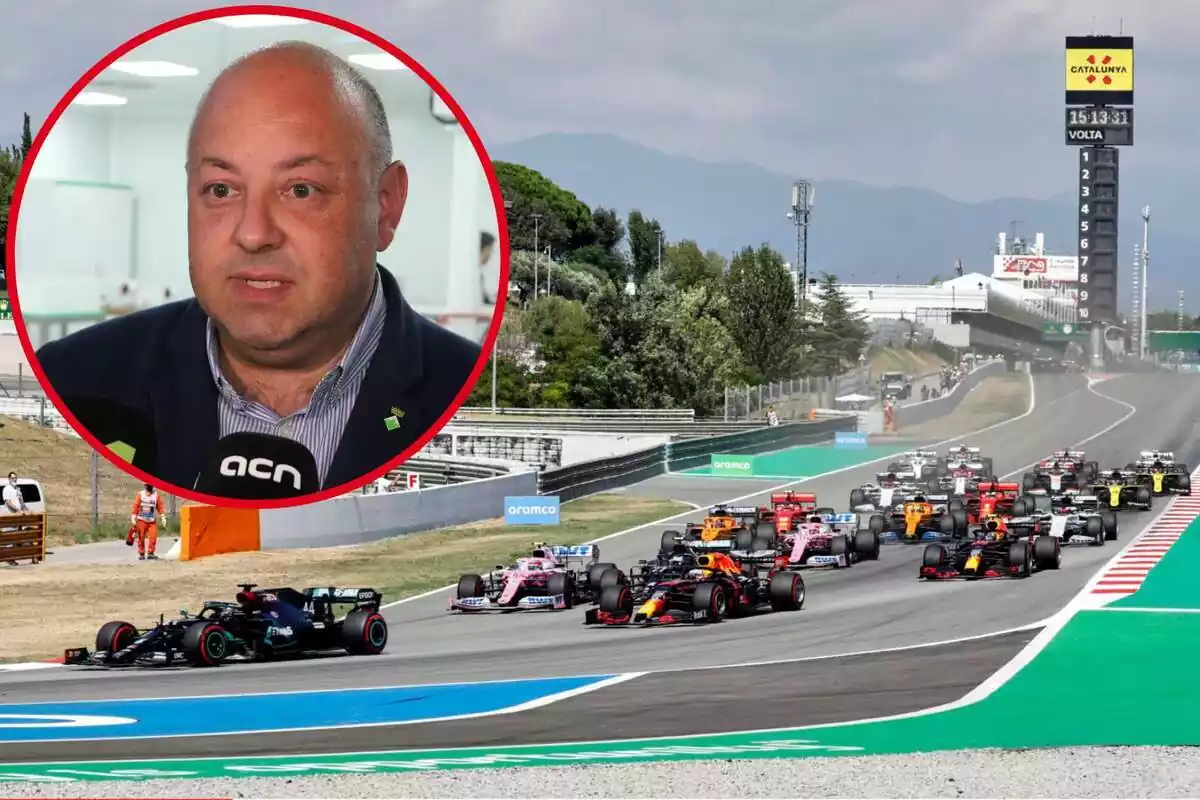 Montaje con una imagen de coches de F1 en Montmeló y en la esquina superior izquierda, dentro de un círculo, Pere Rodríguez