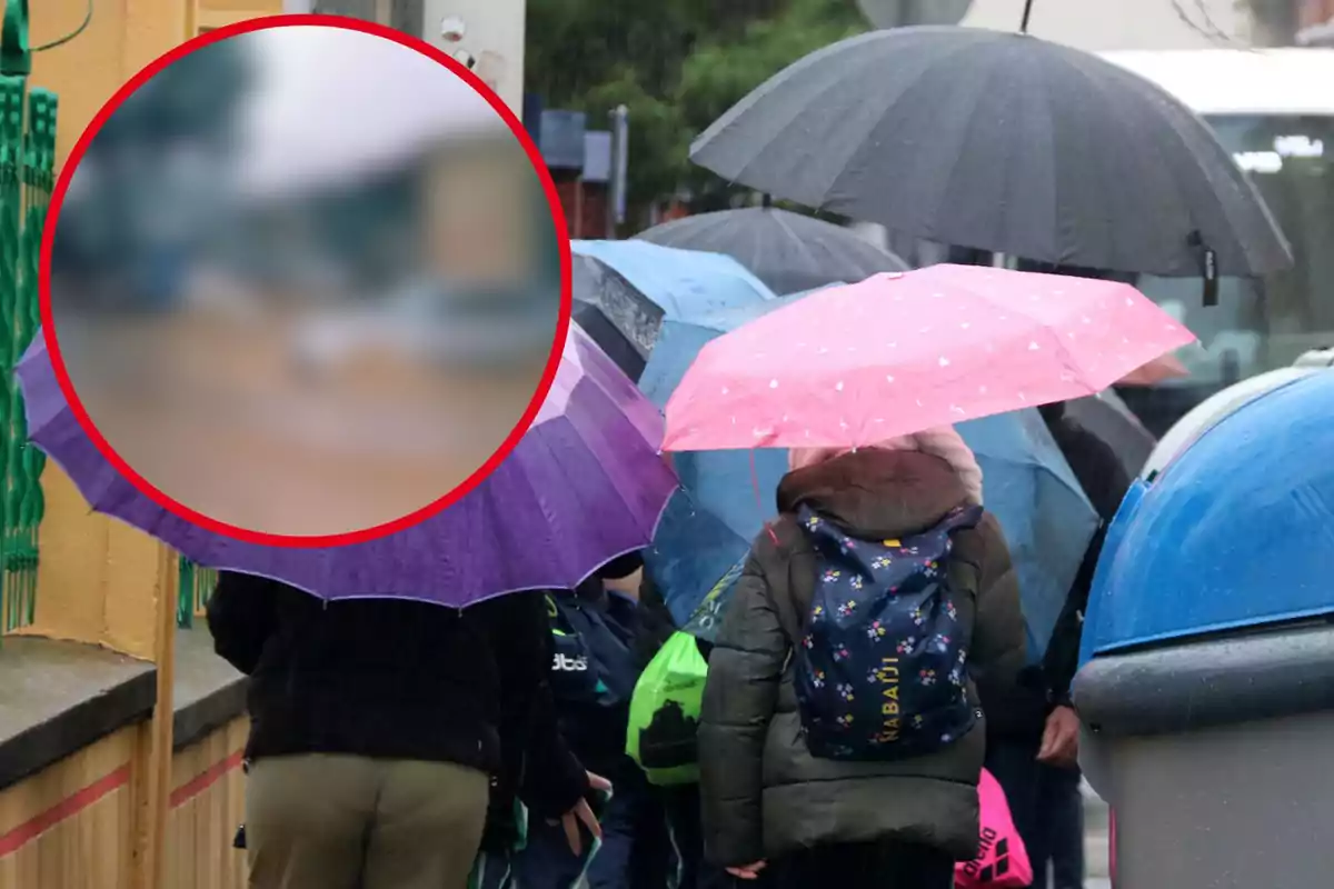 Personas caminando bajo la lluvia con paraguas de diferentes colores.