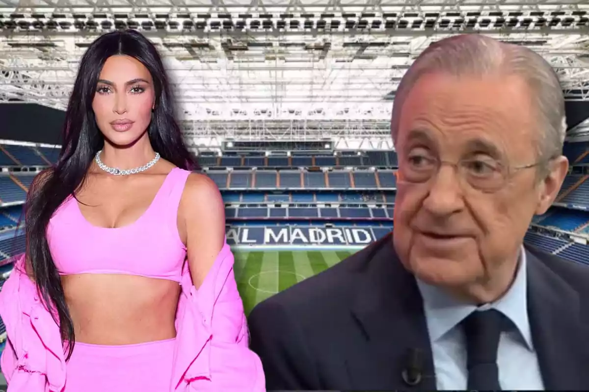 Una mujer con ropa rosa y un hombre con traje están en un estadio de fútbol con el nombre "Real Madrid" en el fondo.